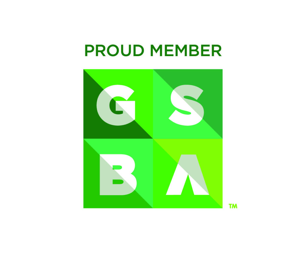 Proud Member GSBA logo in green gradient with bold white letters.