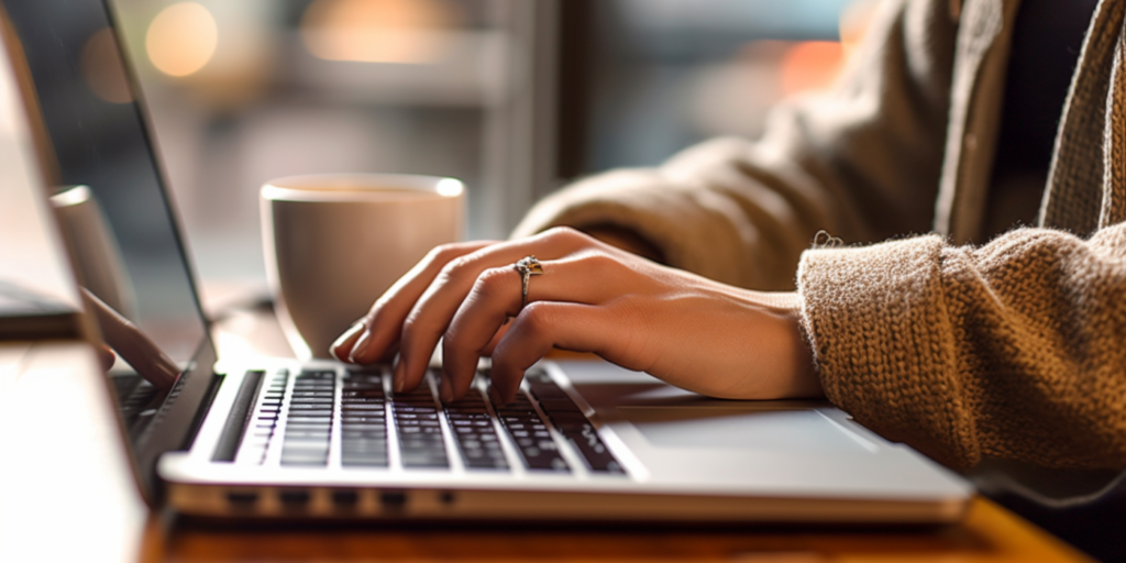 Person typing on a laptop with a coffee cup nearby – Contact Lavender Electric for expert electrical services.